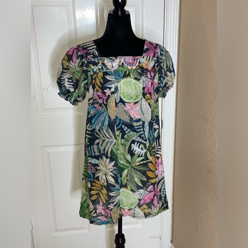 Johnny Was Workshop Tropical Puff Sleeve Tunic Dress in Green Multicolor XS‌‌‌‌‌ - Picture 2 of 12